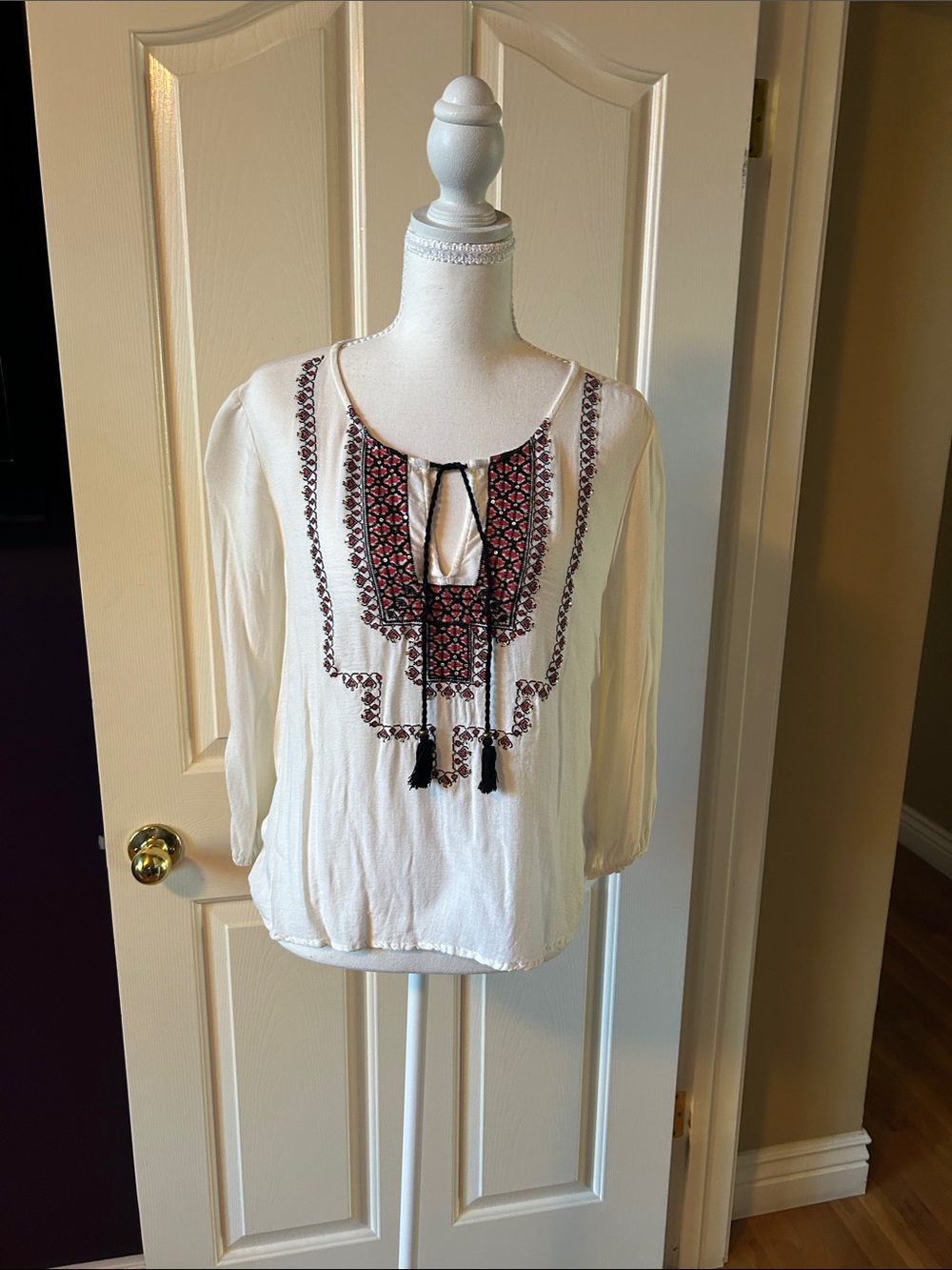 Forever 21 Cream Peasant Blouse with Red & Black Embroidery